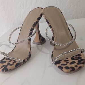 Miss Lola Leopard Rhinestone Strap Heels Size 7.5 Glam Statement Heel